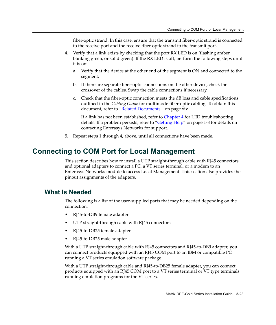 Connecting to com port for local management, What is needed, Connecting to com port for local management -23 | What is needed -23 | Enterasys Networks Enterasys Matrix 6H303-48 User Manual | Page 55 / 90