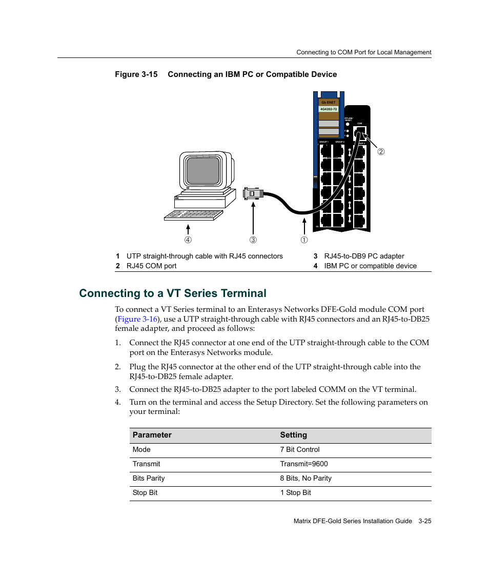 Connecting to a vt series terminal, Connecting to a vt series terminal -25, Connecting an ibm pc or compatible device -25 | Вг а б | Enterasys Networks Enterasys Matrix 6H303-48 User Manual | Page 57 / 90