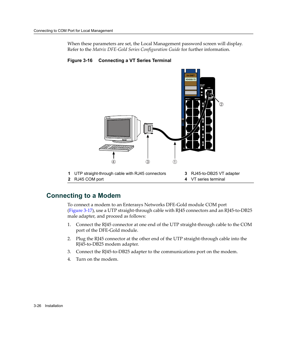 Connecting to a modem, Connecting to a modem -26, Connecting a vt series terminal -26 | Ав г б | Enterasys Networks Enterasys Matrix 6H303-48 User Manual | Page 58 / 90