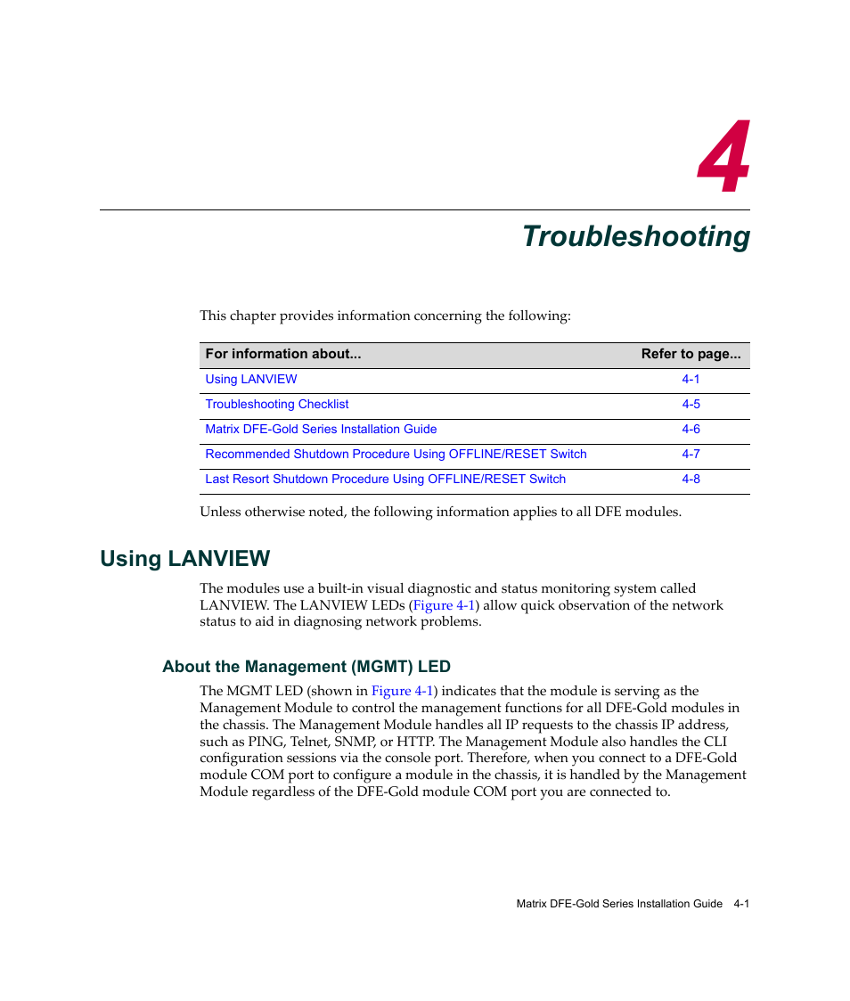 Troubleshooting, Using lanview, Chapter 4: troubleshooting | Using lanview -1, Chapter 4 | Enterasys Networks Enterasys Matrix 6H303-48 User Manual | Page 65 / 90