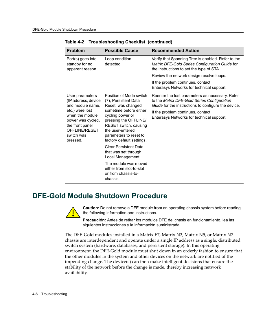 Dfe-gold module shutdown procedure, Dfe-gold module shutdown procedure -6 | Enterasys Networks Enterasys Matrix 6H303-48 User Manual | Page 70 / 90