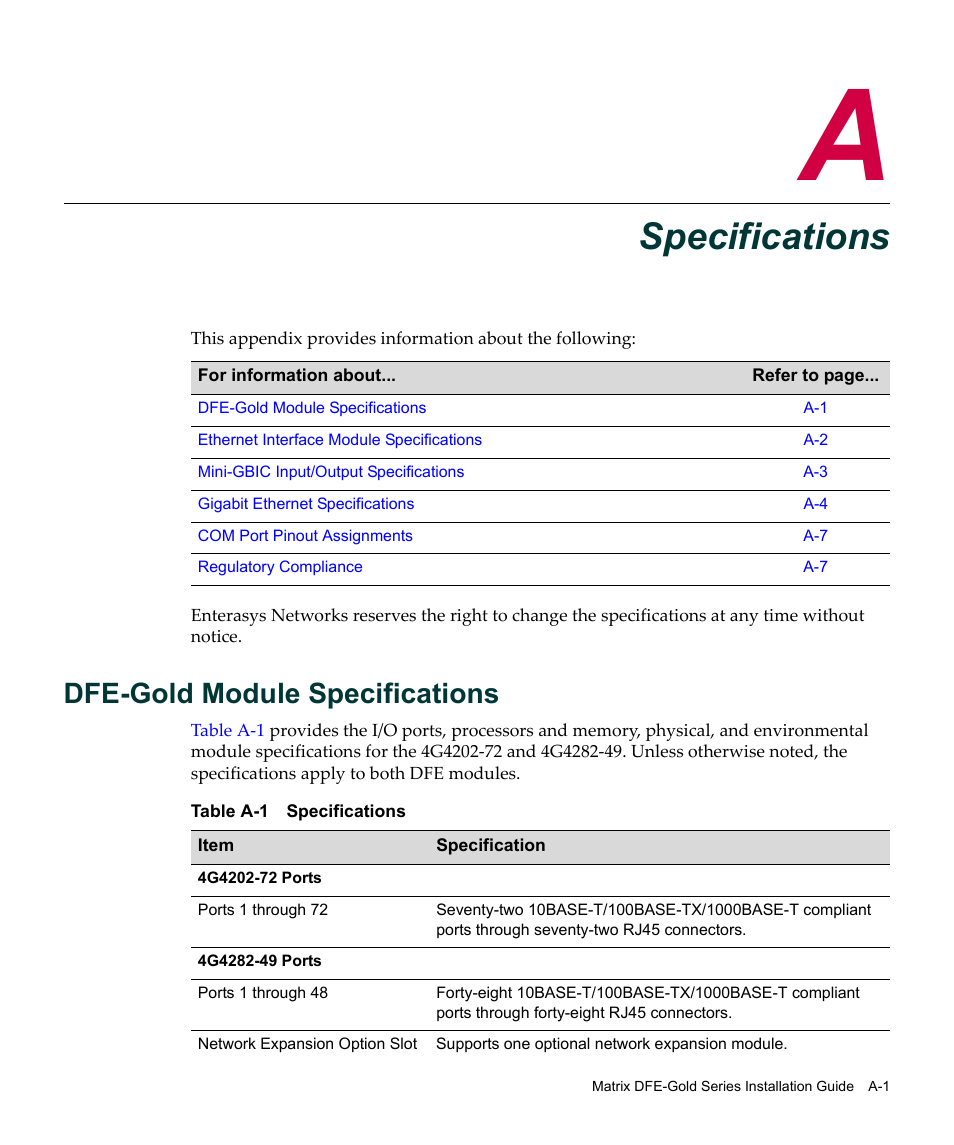 Specifications, Dfe-gold module specifications, Table a-1 specifications | Enterasys Networks Enterasys Matrix 6H303-48 User Manual | Page 73 / 90