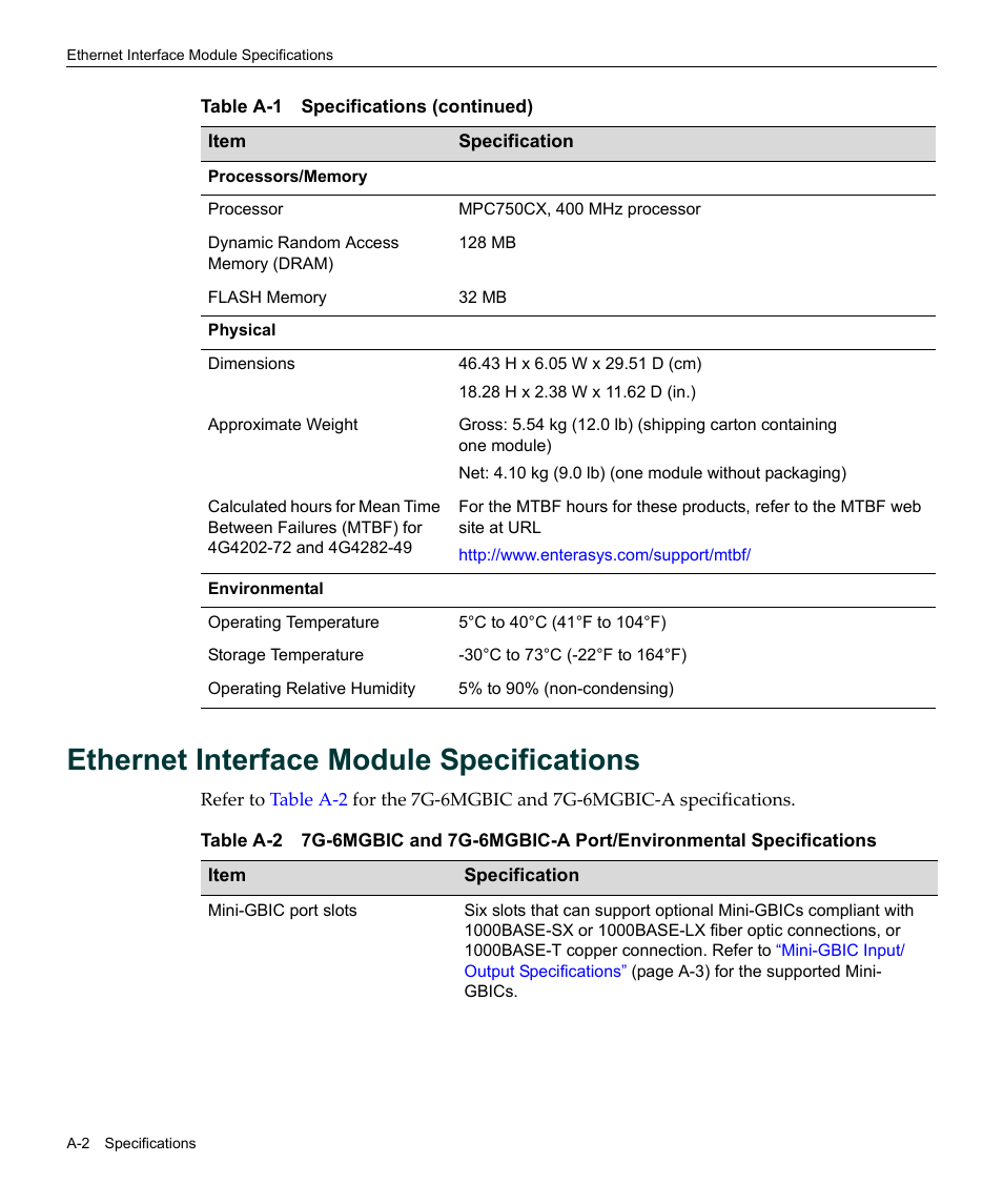 Ethernet interface module specifications | Enterasys Networks Enterasys Matrix 6H303-48 User Manual | Page 74 / 90