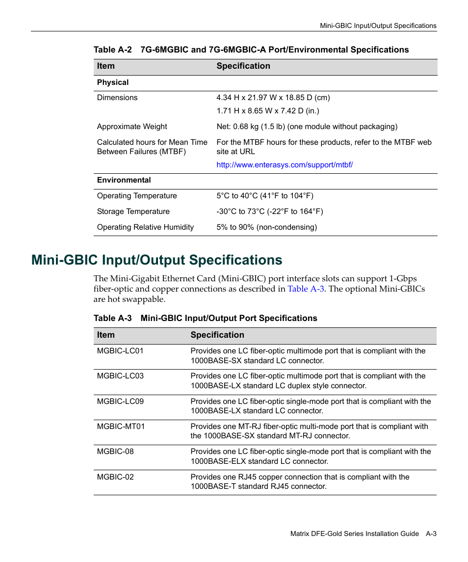 Mini-gbic input/output specifications, Mini-gbic input, Output specifications | Enterasys Networks Enterasys Matrix 6H303-48 User Manual | Page 75 / 90