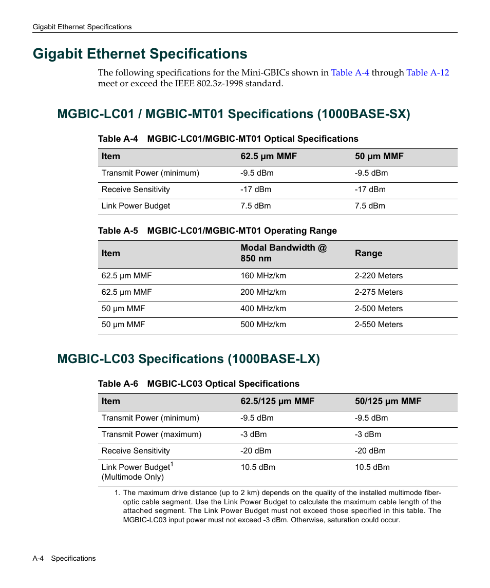 Gigabit ethernet specifications, Table a-5 mgbic-lc01/mgbic-mt01 operating range, Mgbic-lc03 specifications (1000base-lx) | Table a-6 mgbic-lc03 optical specifications | Enterasys Networks Enterasys Matrix 6H303-48 User Manual | Page 76 / 90