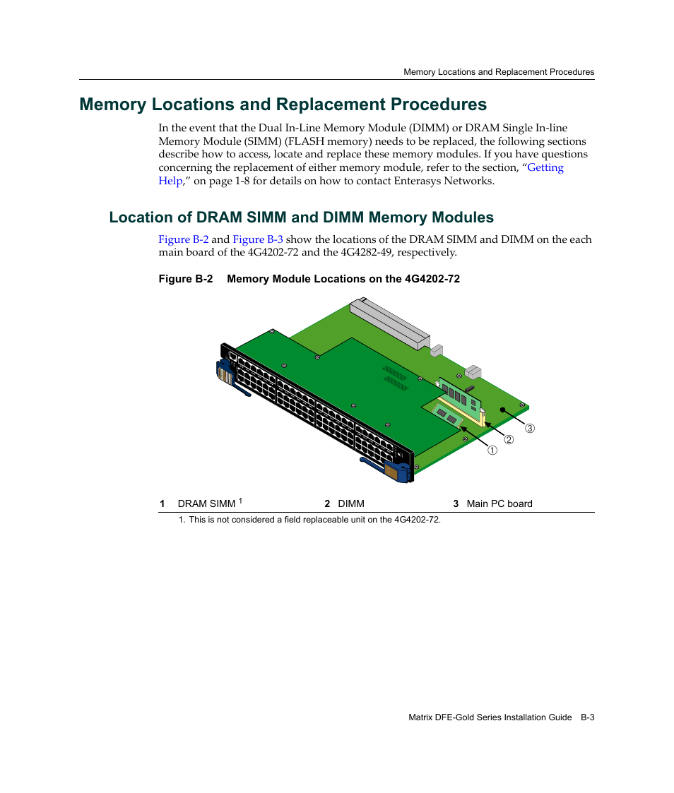 Memory locations and replacement procedures, Location of dram simm and dimm memory modules, Аб в | Enterasys Networks Enterasys Matrix 6H303-48 User Manual | Page 83 / 90