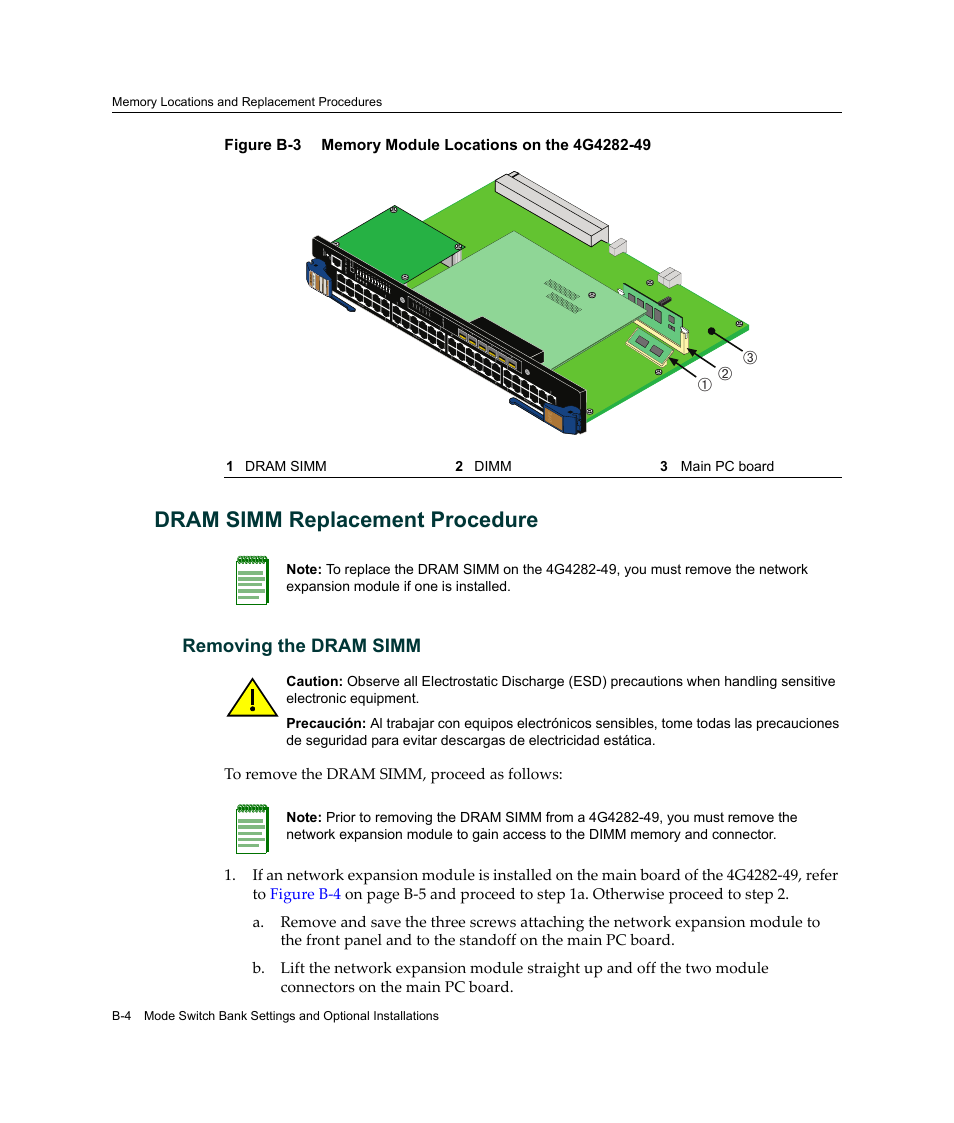 Dram simm replacement procedure, Figure b‐3, Removing the dram simm | А б в | Enterasys Networks Enterasys Matrix 6H303-48 User Manual | Page 84 / 90