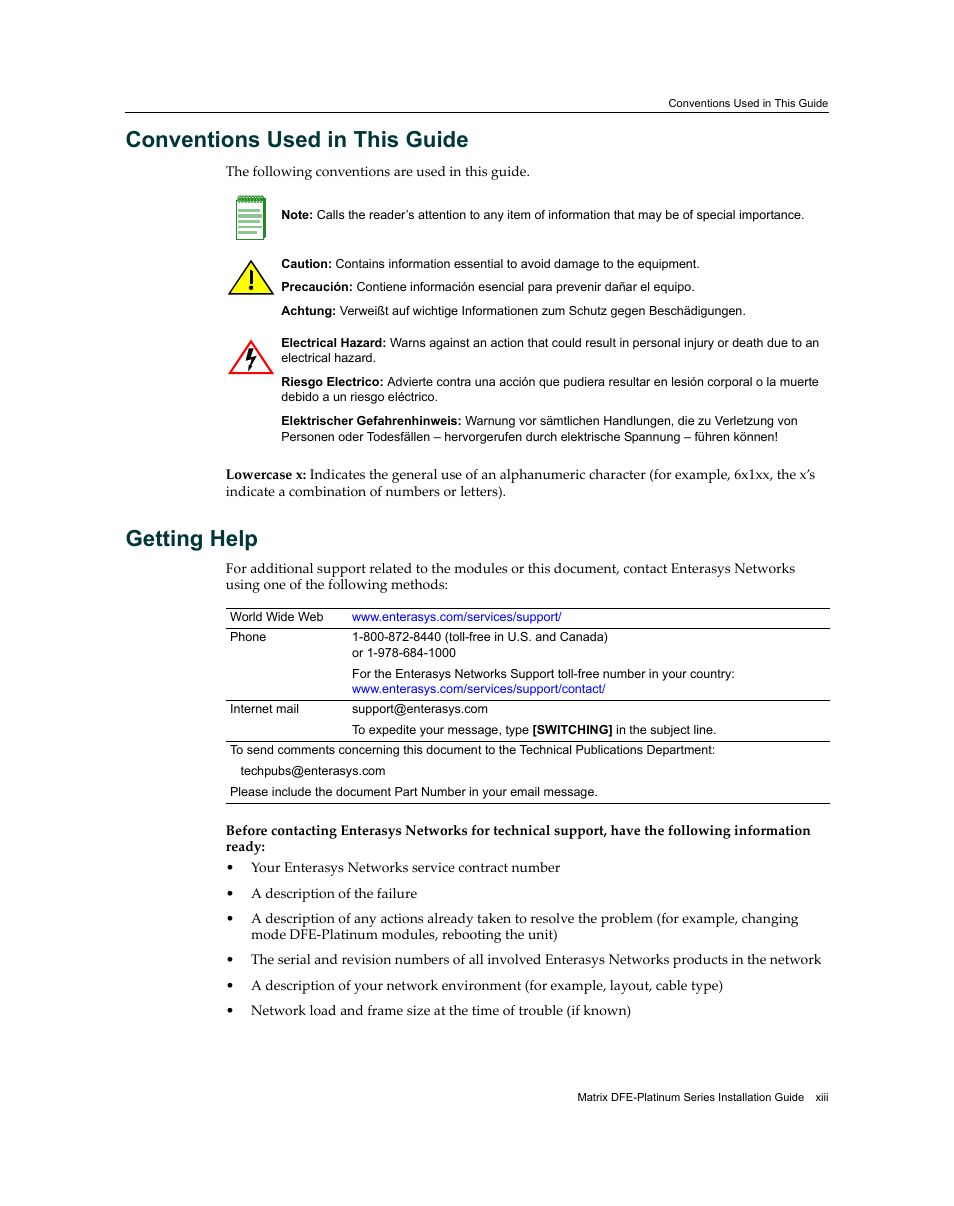 Conventions used in this guide, Getting help | Enterasys Networks Enterasys Matrix 9034310-01 User Manual | Page 15 / 58