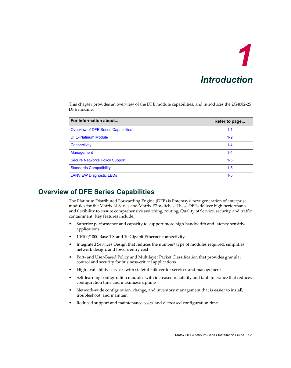 Introduction, Overview of dfe series capabilities, Chapter 1: introduction | Overview of dfe series capabilities -1 | Enterasys Networks Enterasys Matrix 9034310-01 User Manual | Page 17 / 58