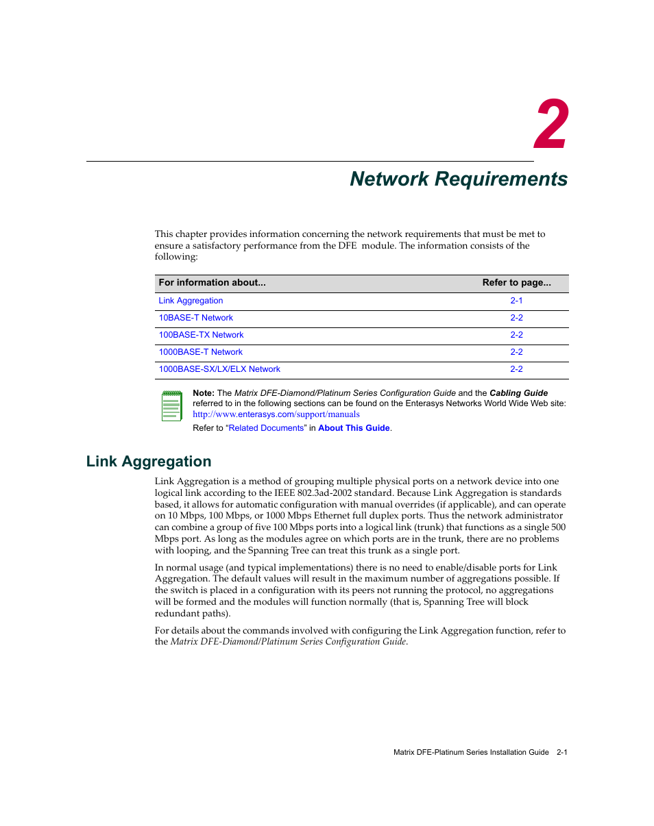 Network requirements, Link aggregation, Chapter 2: network requirements | Link aggregation -1 | Enterasys Networks Enterasys Matrix 9034310-01 User Manual | Page 23 / 58