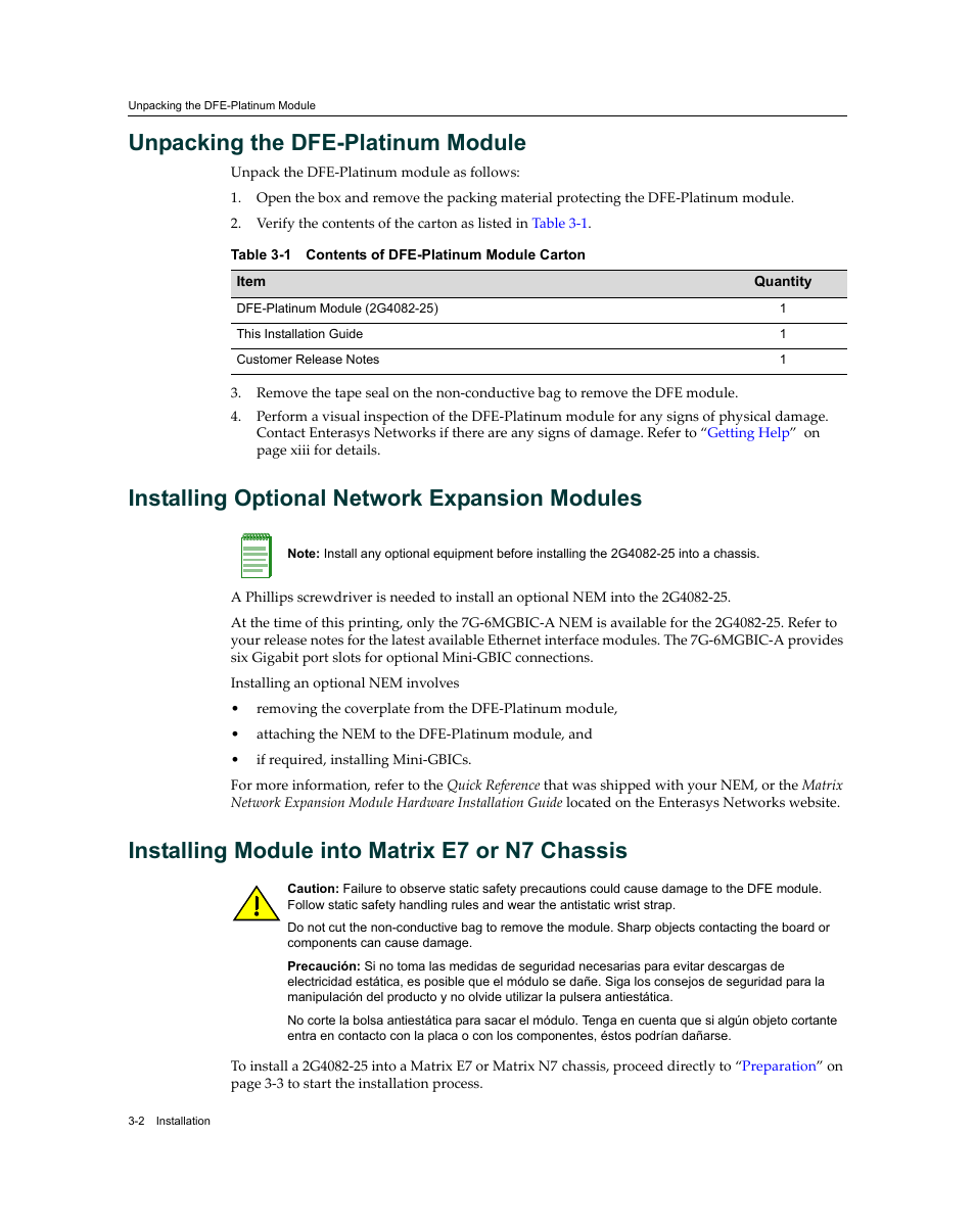 Unpacking the dfe-platinum module, Installing optional network expansion modules, Installing module into matrix e7 or n7 chassis | Contents of dfe-platinum module carton -2 | Enterasys Networks Enterasys Matrix 9034310-01 User Manual | Page 26 / 58