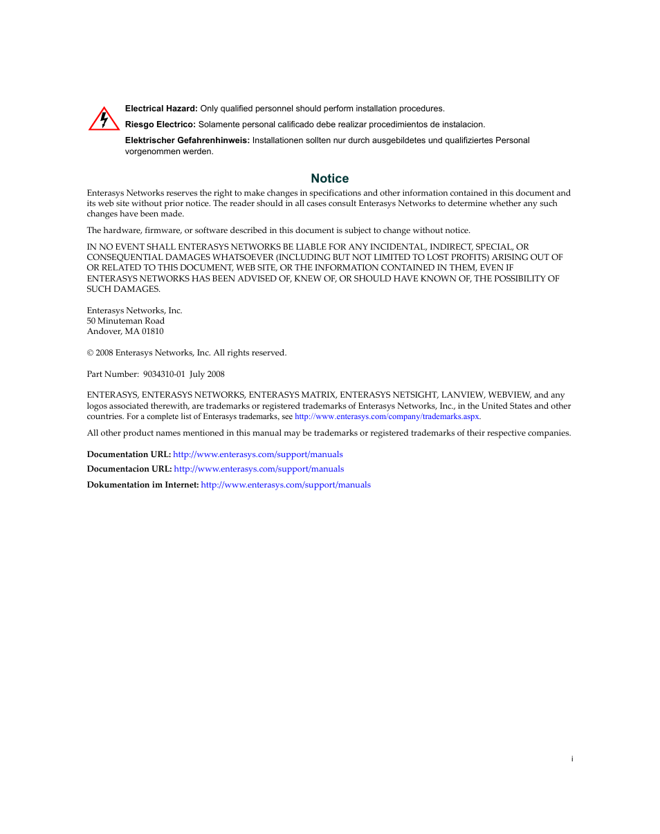 Notice | Enterasys Networks Enterasys Matrix 9034310-01 User Manual | Page 3 / 58
