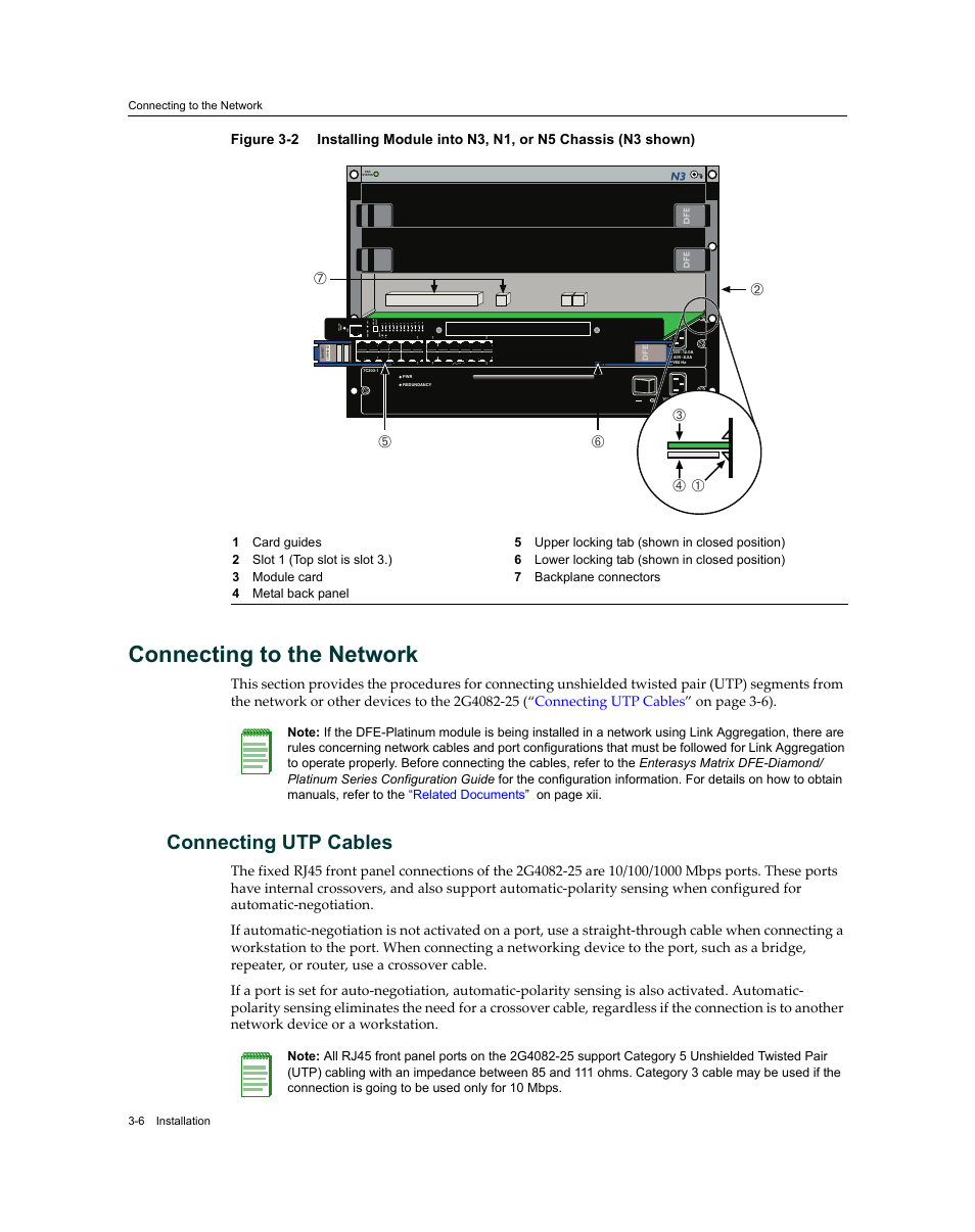 Connecting to the network, Connecting utp cables, Connecting to the network -6 | Connecting utp cables -6, Figure 3‐2 | Enterasys Networks Enterasys Matrix 9034310-01 User Manual | Page 30 / 58