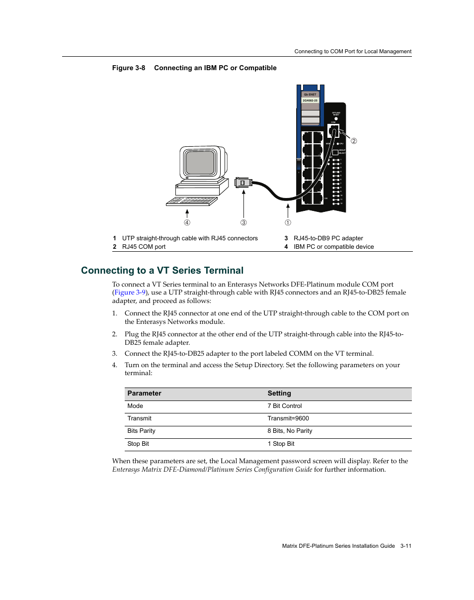 Connecting to a vt series terminal, Connecting to a vt series terminal -11, Connecting an ibm pc or compatible -11 | Вг а, Figure 3-8 connecting an ibm pc or compatible, Parameter setting | Enterasys Networks Enterasys Matrix 9034310-01 User Manual | Page 35 / 58