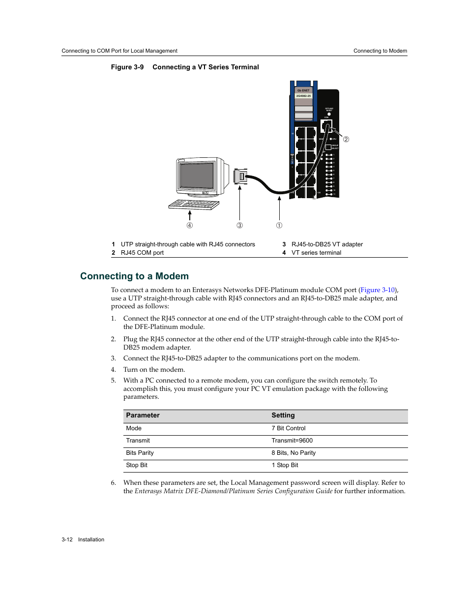 Connecting to a modem, Connecting to a modem -12, Connecting a vt series terminal -12 | Ав г, Figure 3-9 connecting a vt series terminal, Parameter setting | Enterasys Networks Enterasys Matrix 9034310-01 User Manual | Page 36 / 58