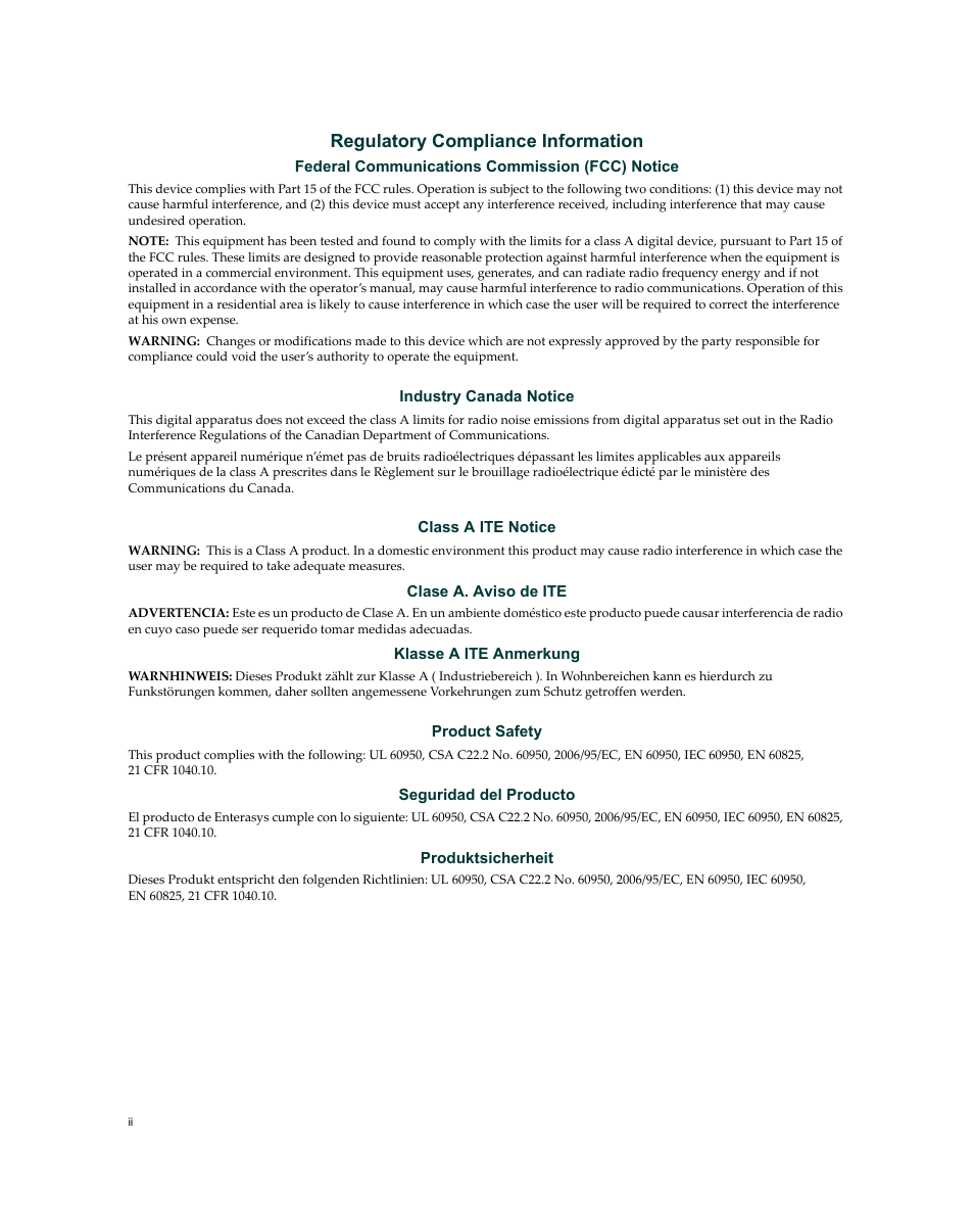 Regulatory compliance information | Enterasys Networks Enterasys Matrix 9034310-01 User Manual | Page 4 / 58