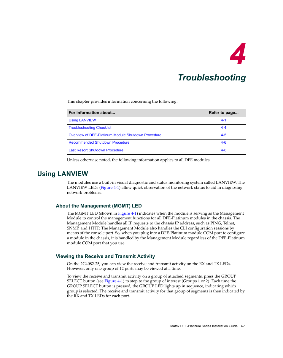 Troubleshooting, Using lanview, Chapter 4: troubleshooting | Using lanview -1 | Enterasys Networks Enterasys Matrix 9034310-01 User Manual | Page 41 / 58