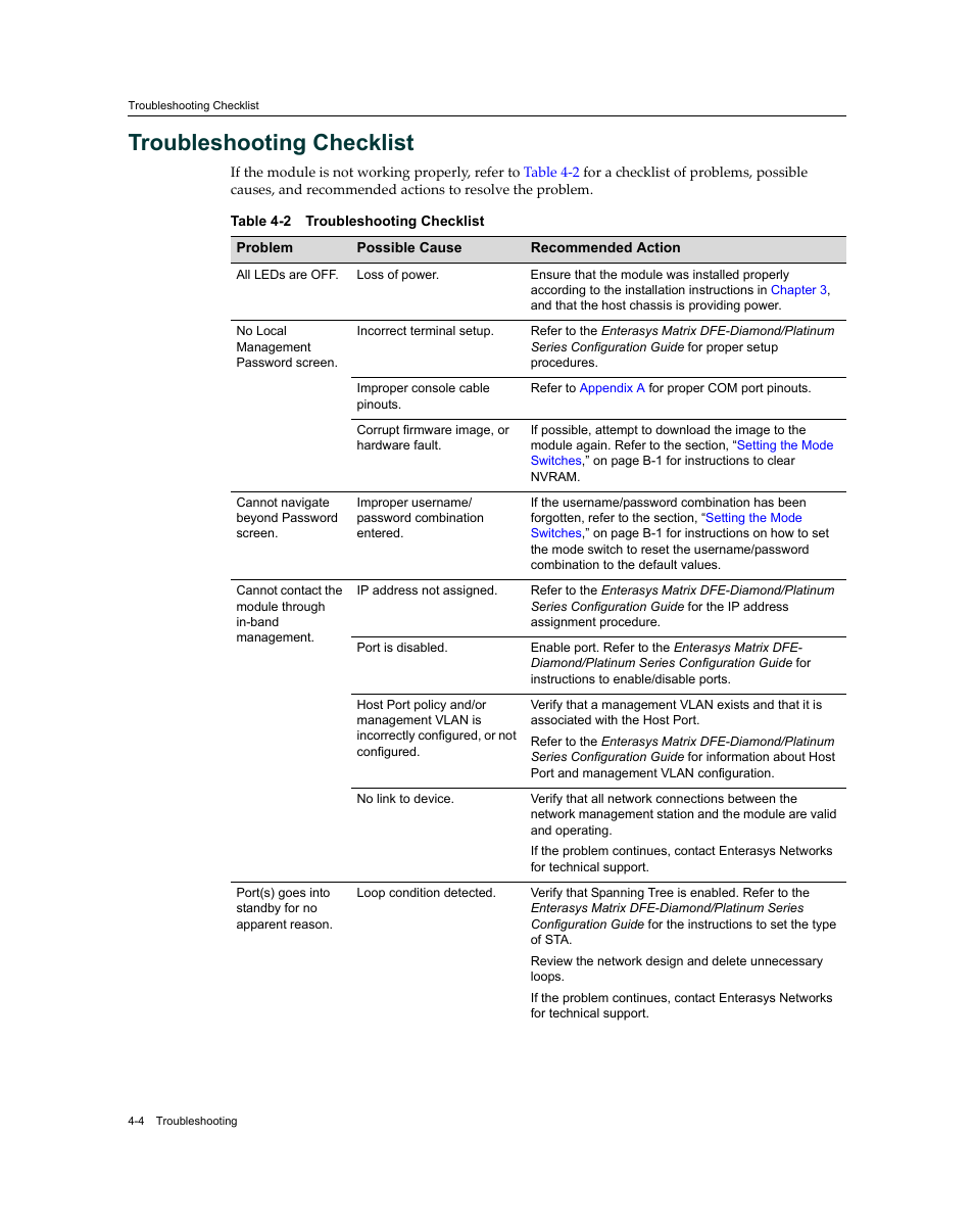 Troubleshooting checklist, Troubleshooting checklist -4 | Enterasys Networks Enterasys Matrix 9034310-01 User Manual | Page 44 / 58