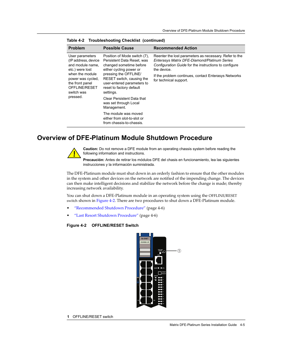 Overview of dfe-platinum module shutdown procedure, Offline/reset switch -5, Offline/reset switch | Enterasys Networks Enterasys Matrix 9034310-01 User Manual | Page 45 / 58