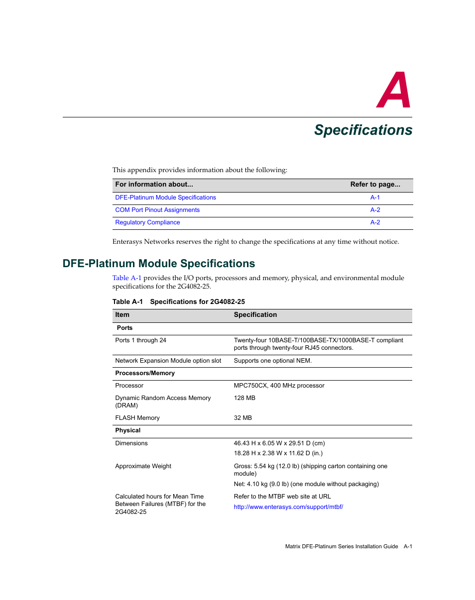 Specifications, Dfe-platinum module specifications, Appendix a: specifications | Appendix a | Enterasys Networks Enterasys Matrix 9034310-01 User Manual | Page 47 / 58