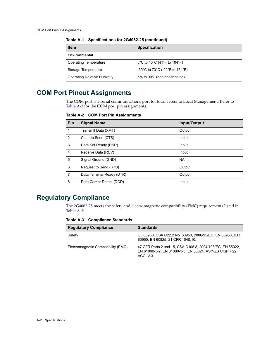 Com port pinout assignments, Regulatory compliance | Enterasys Networks Enterasys Matrix 9034310-01 User Manual | Page 48 / 58