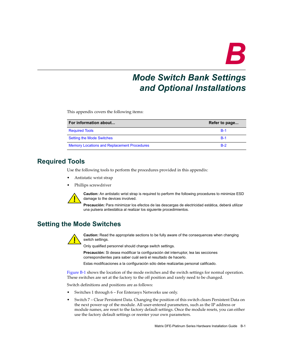 Required tools, Setting the mode switches, Mode switch bank settings | And optional installations, The section, Setting the mode, Switches | Enterasys Networks Enterasys Matrix 9034310-01 User Manual | Page 49 / 58
