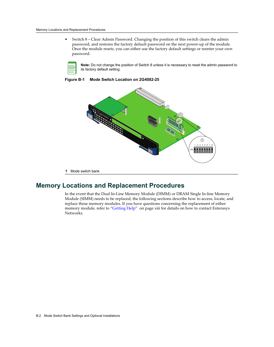 Memory locations and replacement procedures, Figure b‐1 | Enterasys Networks Enterasys Matrix 9034310-01 User Manual | Page 50 / 58