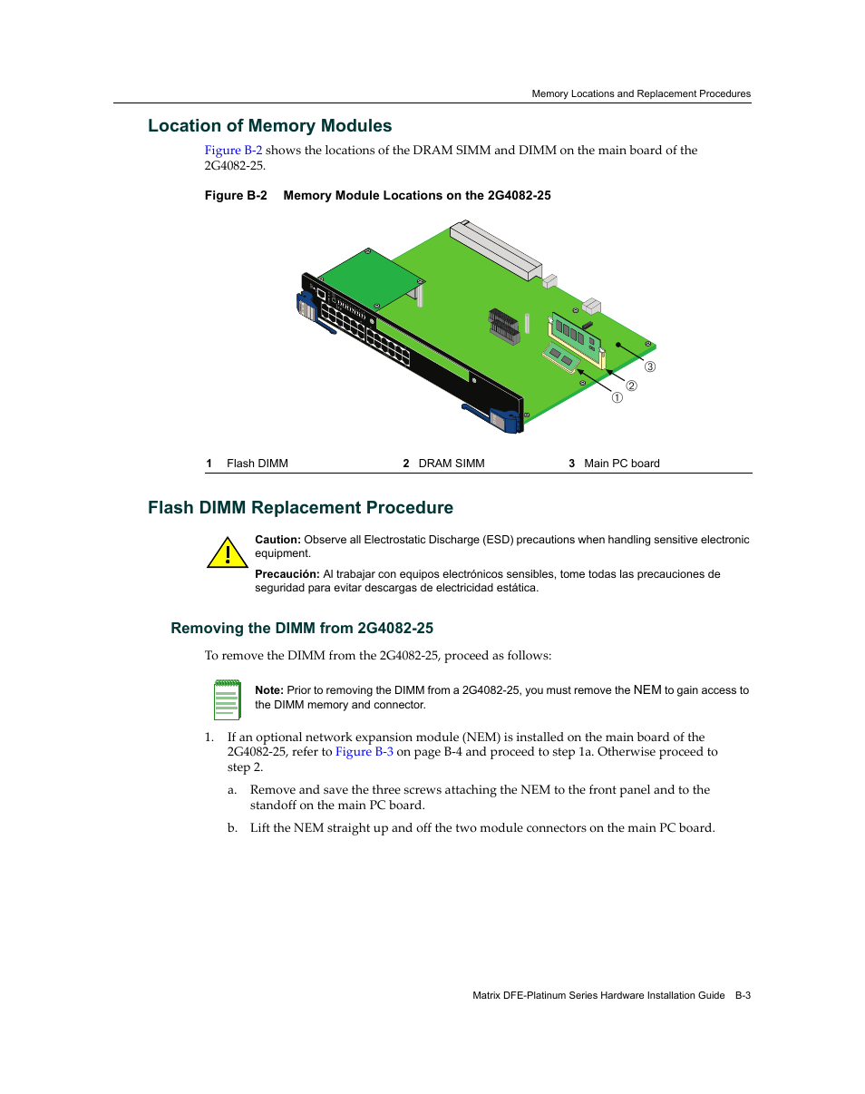 Location of memory modules, Flash dimm replacement procedure | Enterasys Networks Enterasys Matrix 9034310-01 User Manual | Page 51 / 58