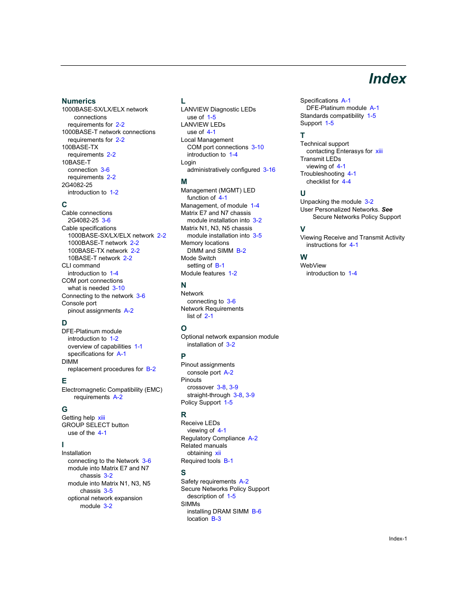 Index, Numerics | Enterasys Networks Enterasys Matrix 9034310-01 User Manual | Page 57 / 58