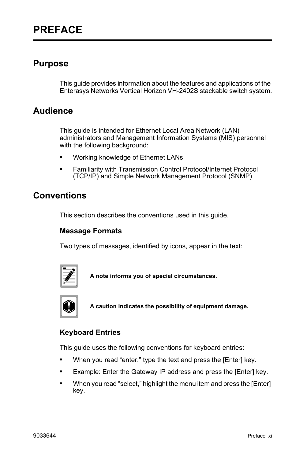 Preface, Purpose, Audience | Conventions, Message formats, Keyboard entries | Enterasys Networks VH-2402S User Manual | Page 13 / 58