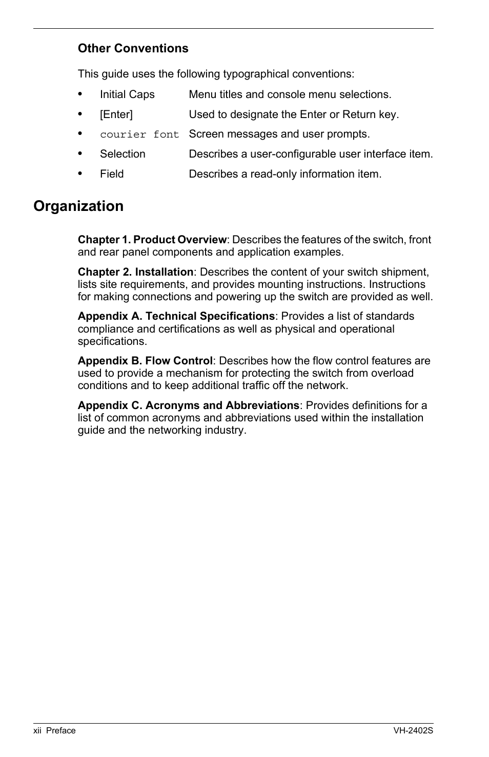 Other conventions, Organization | Enterasys Networks VH-2402S User Manual | Page 14 / 58