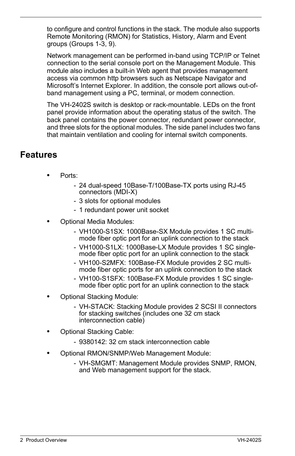 Features | Enterasys Networks VH-2402S User Manual | Page 16 / 58