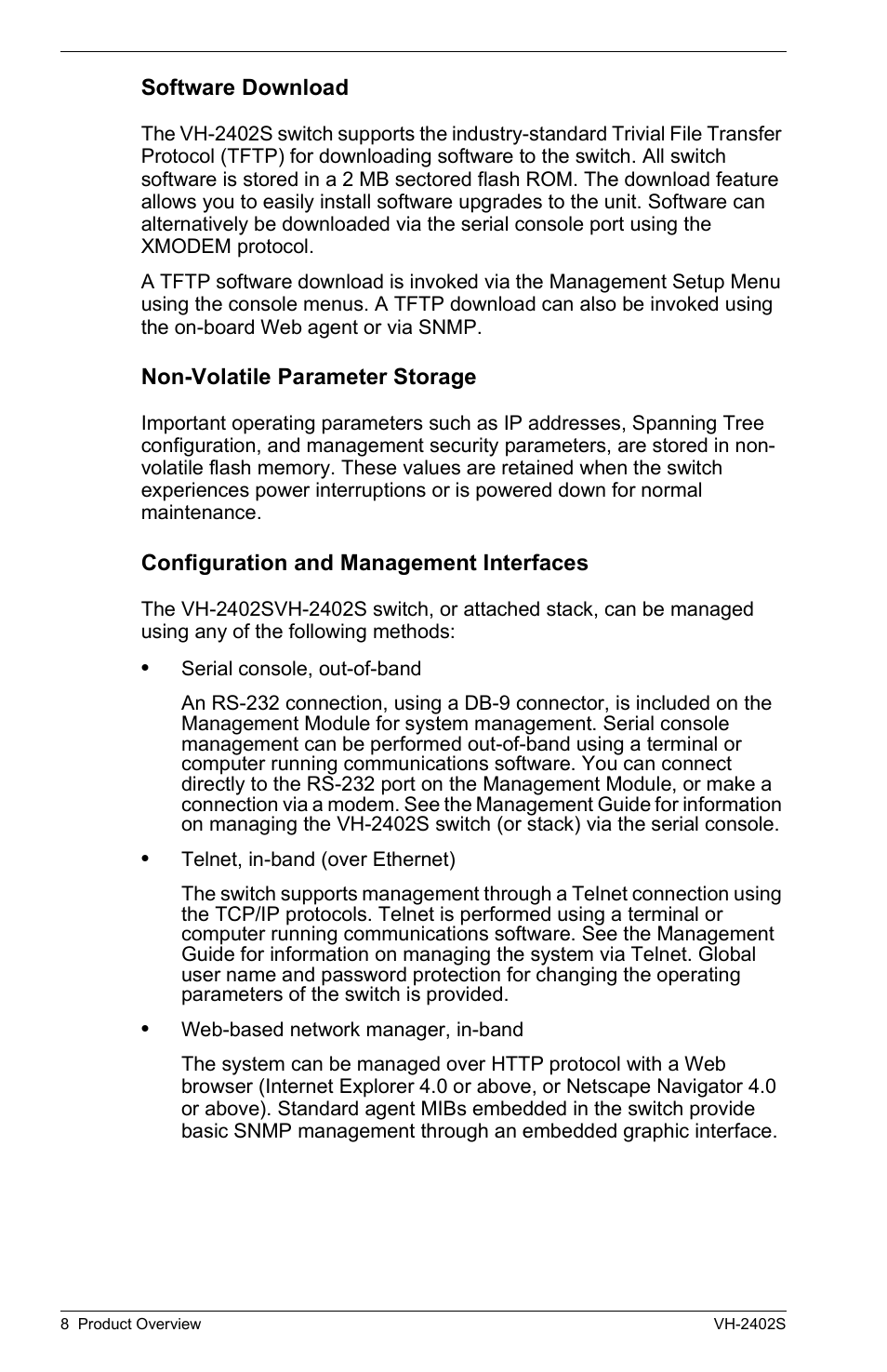 Software download, Non-volatile parameter storage, Configuration and management interfaces | Enterasys Networks VH-2402S User Manual | Page 22 / 58