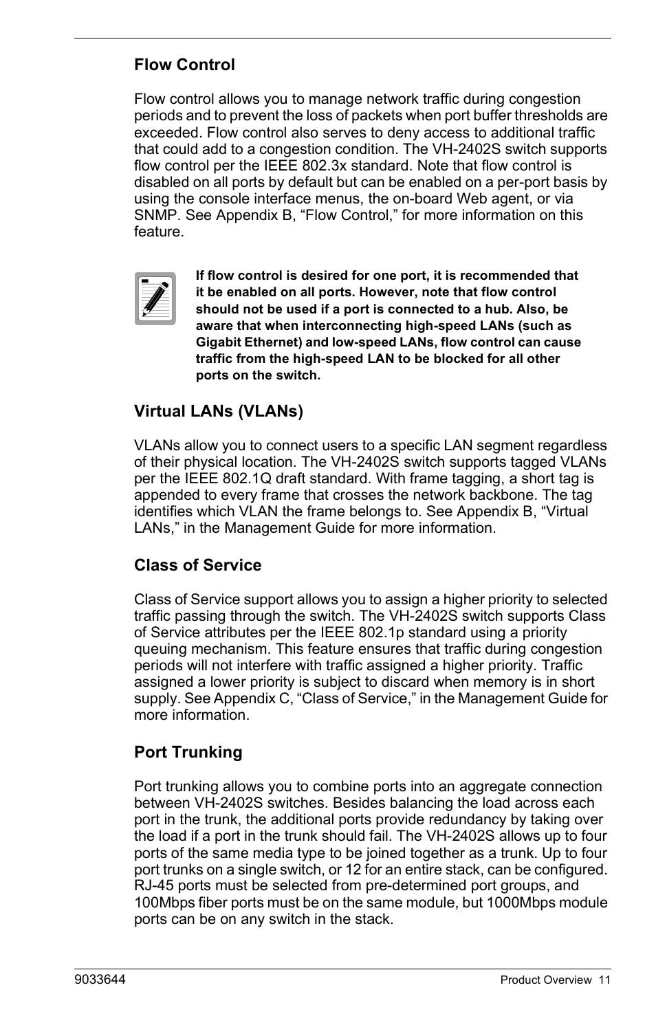 Flow control, Virtual lans (vlans), Class of service | Port trunking | Enterasys Networks VH-2402S User Manual | Page 25 / 58