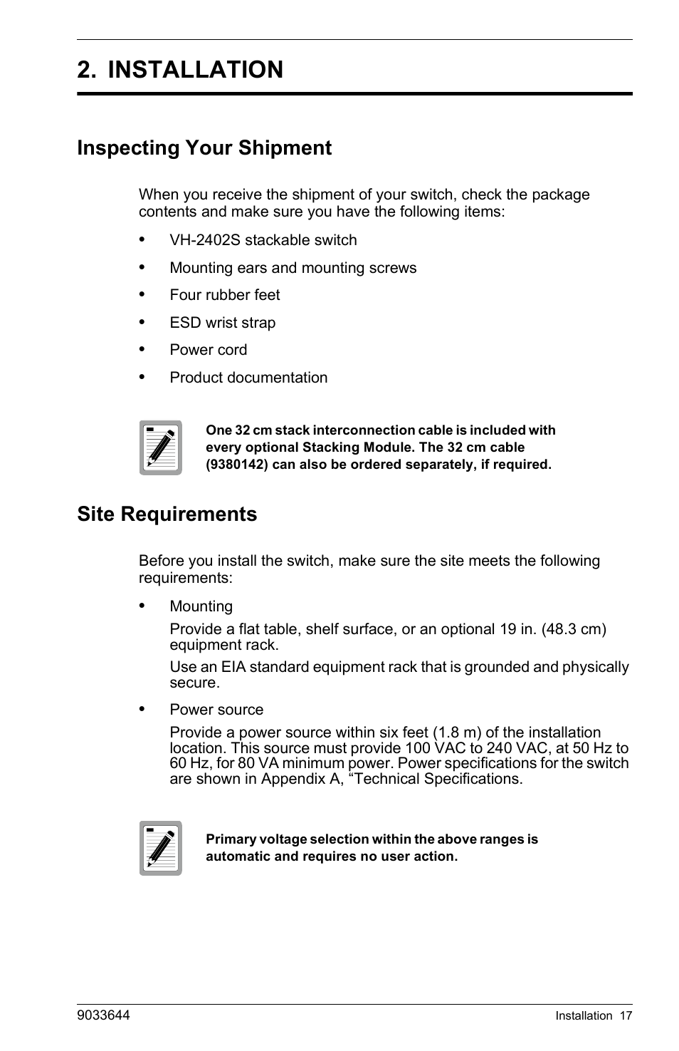 Installation, Inspecting your shipment, Site requirements | Inspecting your shipment site requirements | Enterasys Networks VH-2402S User Manual | Page 31 / 58