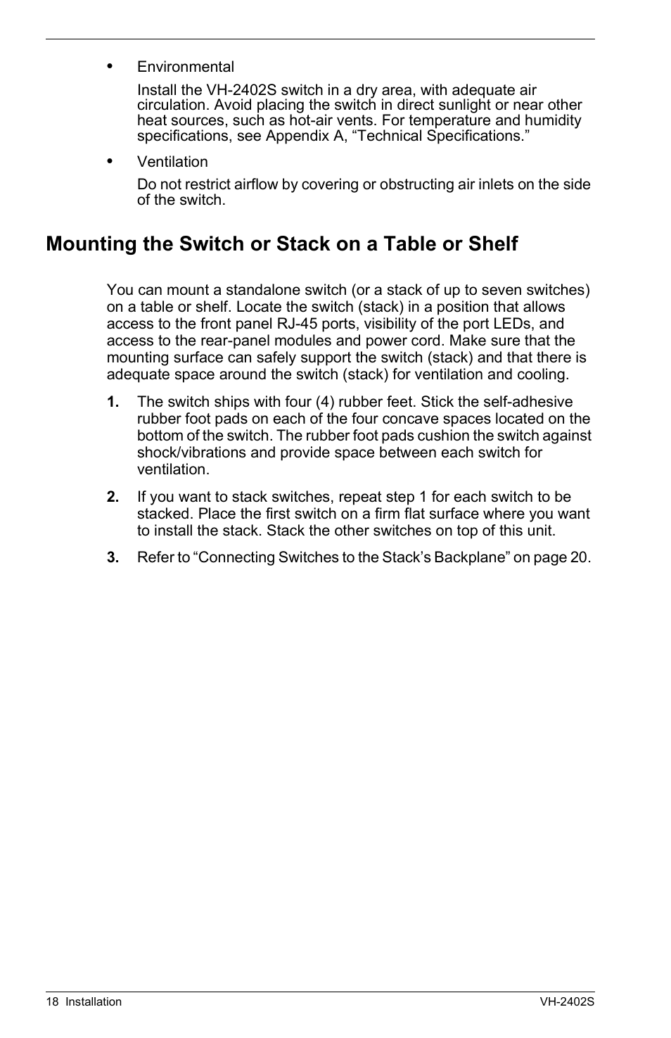 Mounting the switch or stack on a table or shelf | Enterasys Networks VH-2402S User Manual | Page 32 / 58