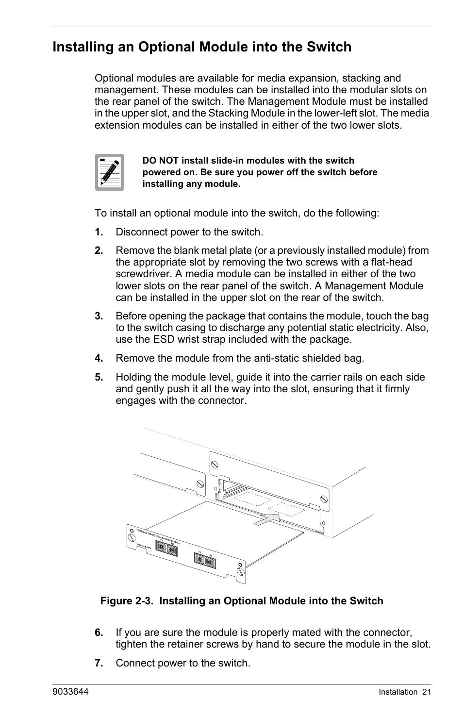 Installing an optional module into the switch | Enterasys Networks VH-2402S User Manual | Page 35 / 58