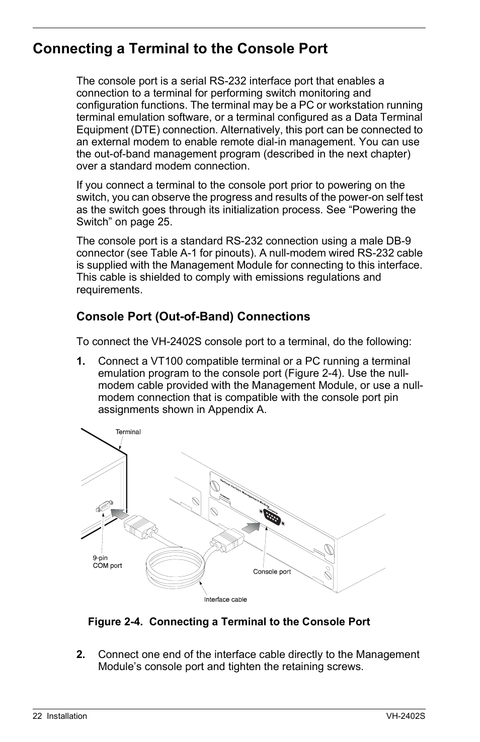 Connecting a terminal to the console port, Console port (out-of-band) connections | Enterasys Networks VH-2402S User Manual | Page 36 / 58
