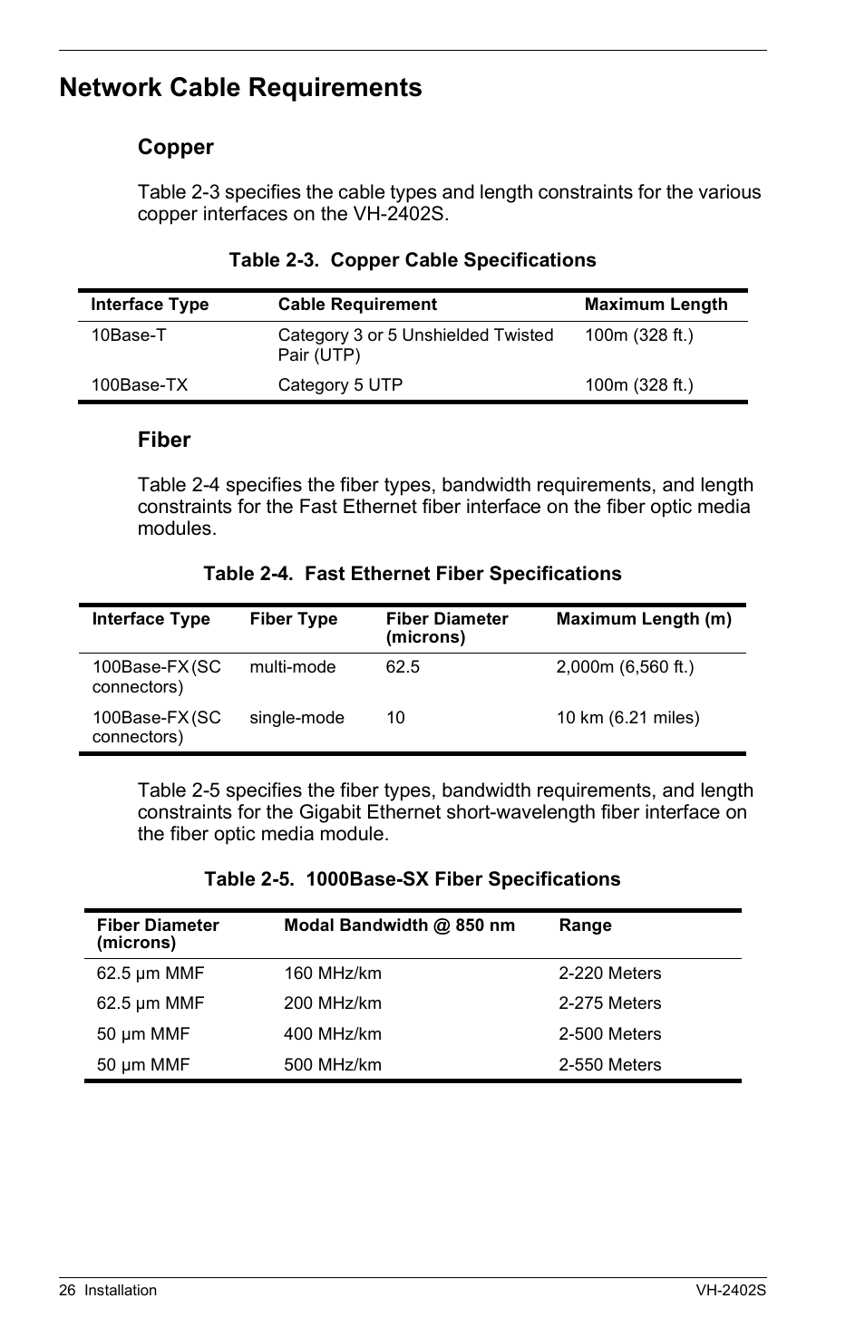 Network cable requirements, Copper, Fiber | Copper fiber | Enterasys Networks VH-2402S User Manual | Page 40 / 58