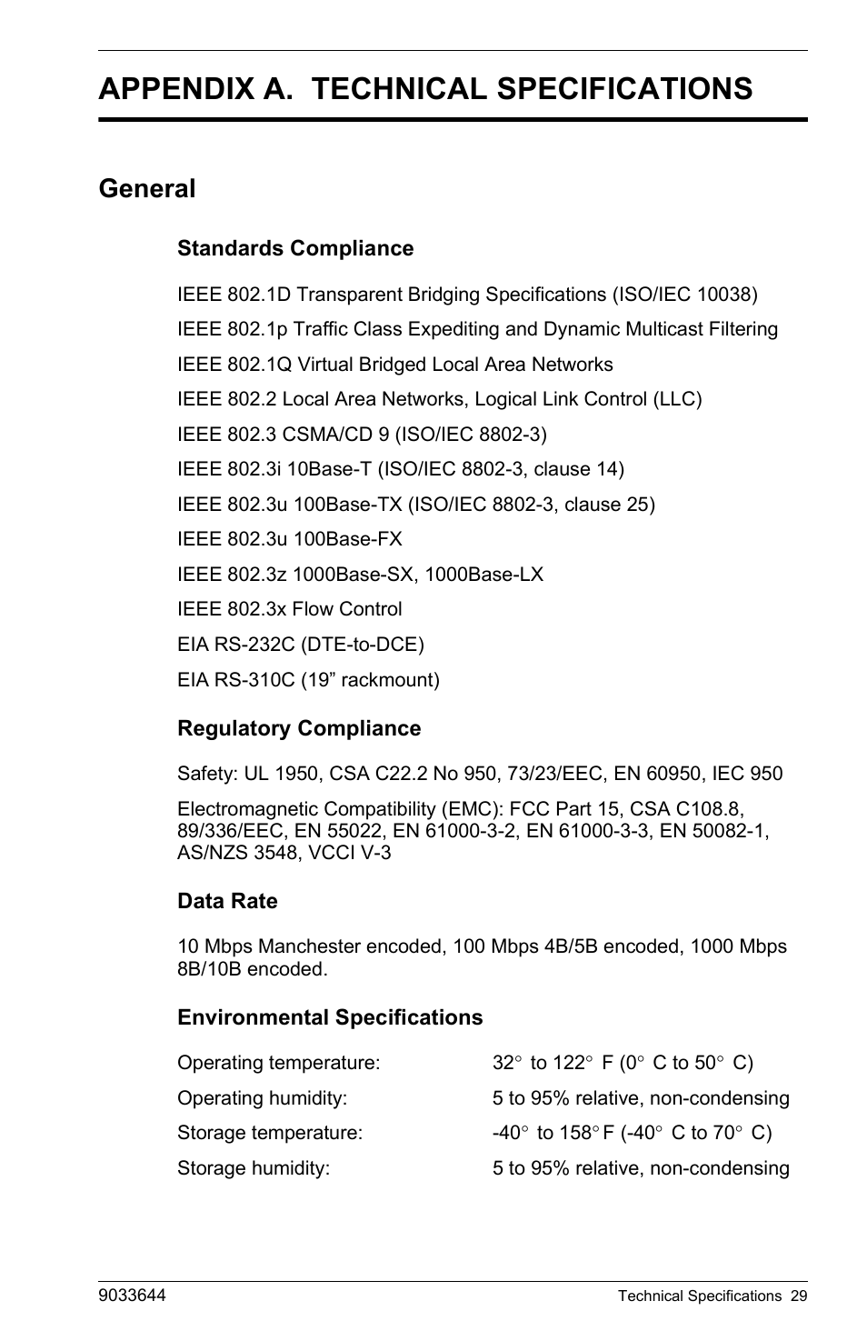 Appendix a. technical specifications, General, Standards compliance | Regulatory compliance, Data rate, Environmental specifications | Enterasys Networks VH-2402S User Manual | Page 43 / 58