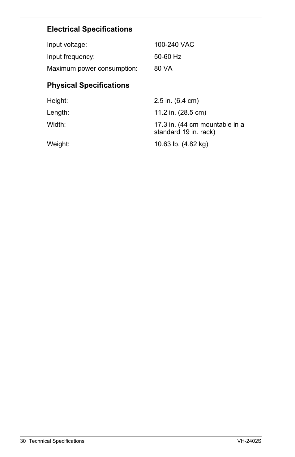 Electrical specifications, Physical specifications | Enterasys Networks VH-2402S User Manual | Page 44 / 58