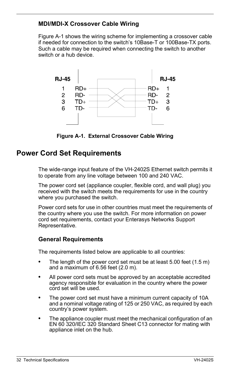 Mdi/mdi-x crossover cable wiring, Power cord set requirements, General requirements | Enterasys Networks VH-2402S User Manual | Page 46 / 58