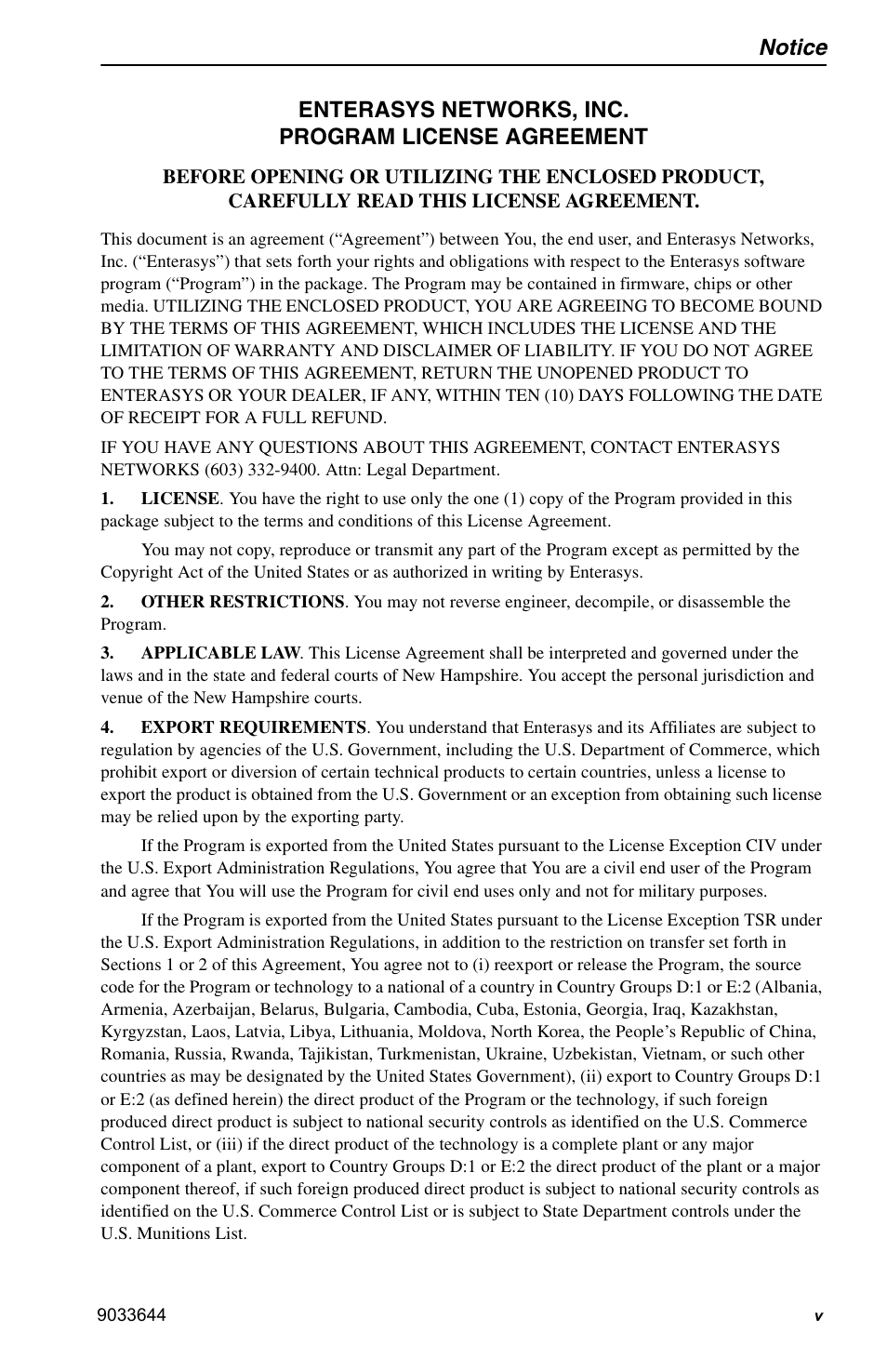 Notice, Enterasys networks, inc. program license agreement | Enterasys Networks VH-2402S User Manual | Page 7 / 58