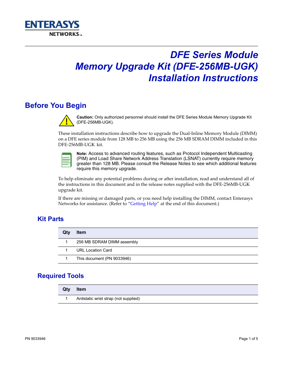 Enterasys Networks DFE-256MB-UGK User Manual | 5 pages
