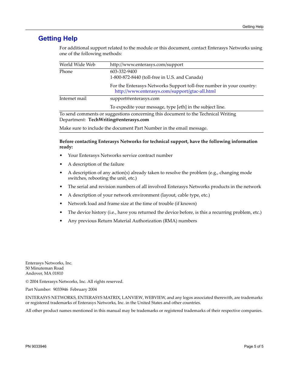 Getting help | Enterasys Networks DFE-256MB-UGK User Manual | Page 5 / 5