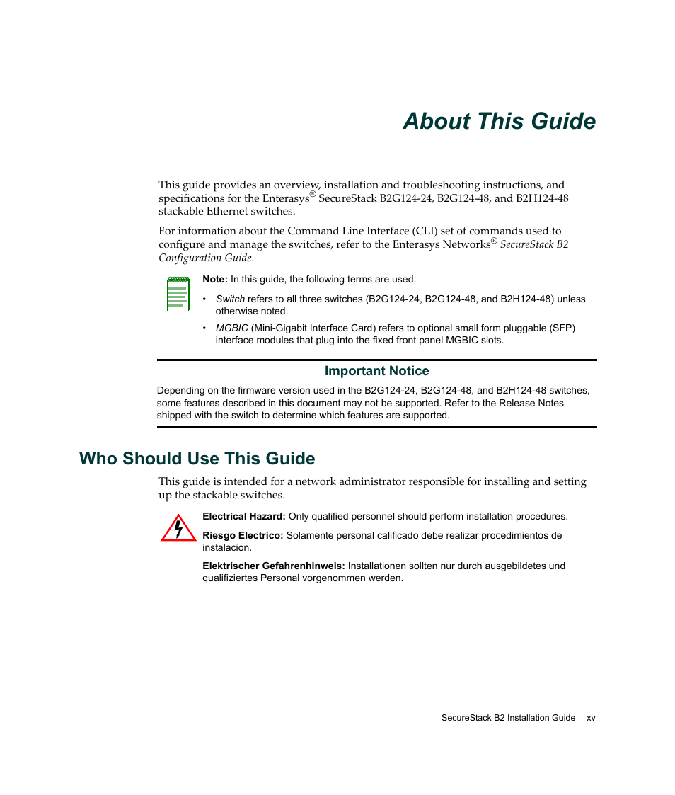 About this guide, Who should use this guide | Enterasys Networks Enterasys SecureStack B2 B2G124-24 User Manual | Page 17 / 80