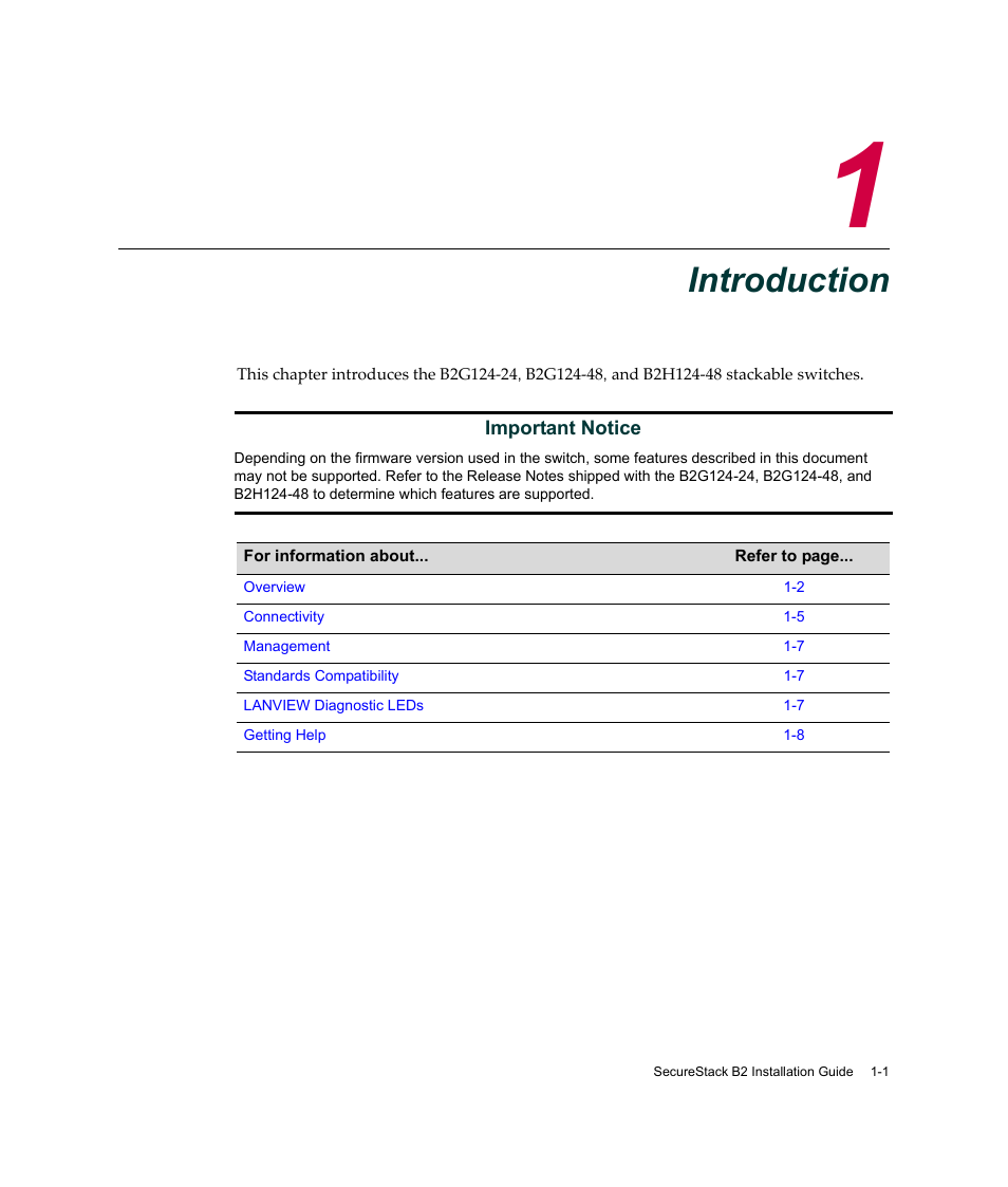 Introduction, Chapter 1: introduction, Hapter 1 | Enterasys Networks Enterasys SecureStack B2 B2G124-24 User Manual | Page 21 / 80