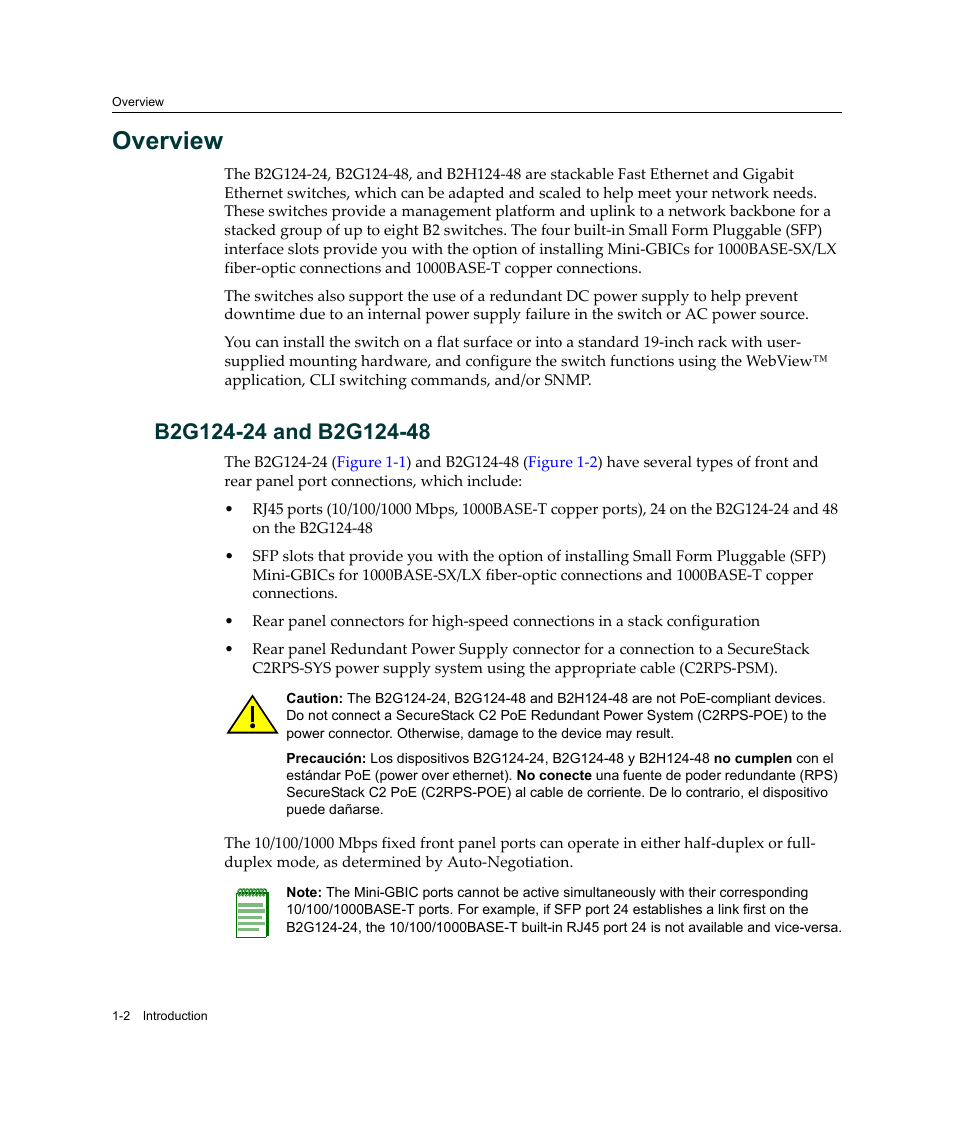 Overview, B2g124-24 and b2g124-48, Overview -2 | B2g124-24 and b2g124-48 -2 | Enterasys Networks Enterasys SecureStack B2 B2G124-24 User Manual | Page 22 / 80