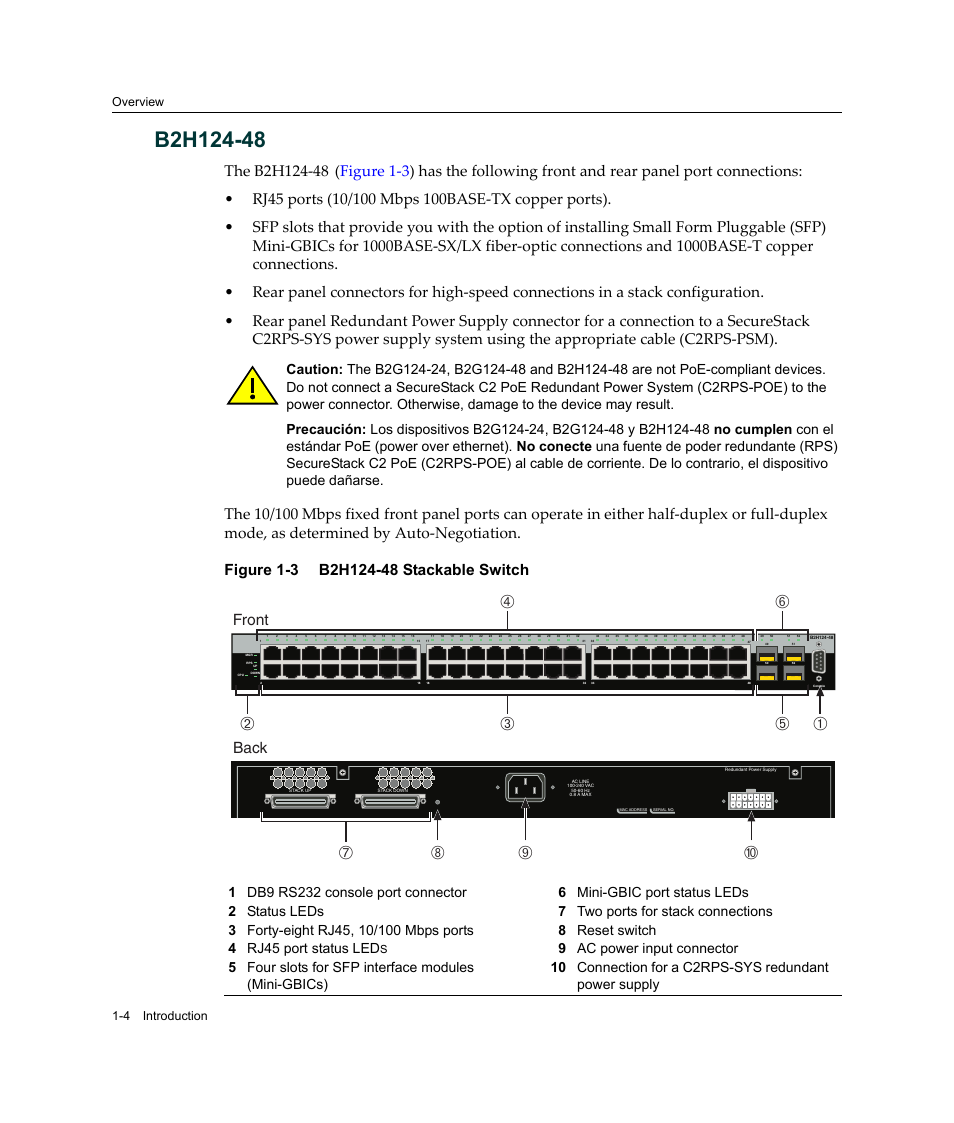 B2h124-48, B2h124-48 -4, B2h124-48 stackable switch -4 | Back front, Overview 1-4 introduction | Enterasys Networks Enterasys SecureStack B2 B2G124-24 User Manual | Page 24 / 80