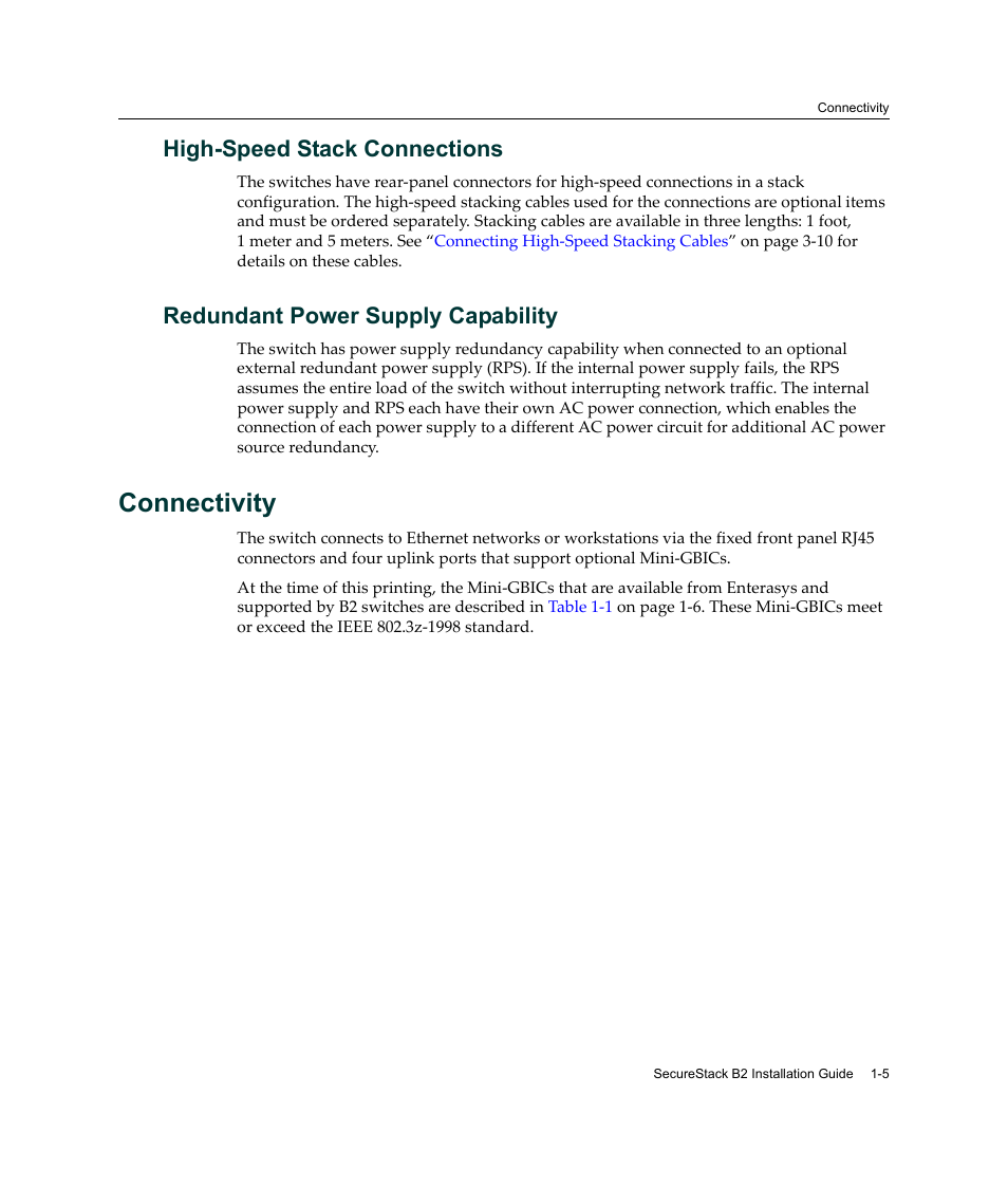 High-speed stack connections, Redundant power supply capability, Connectivity | Connectivity -5 | Enterasys Networks Enterasys SecureStack B2 B2G124-24 User Manual | Page 25 / 80